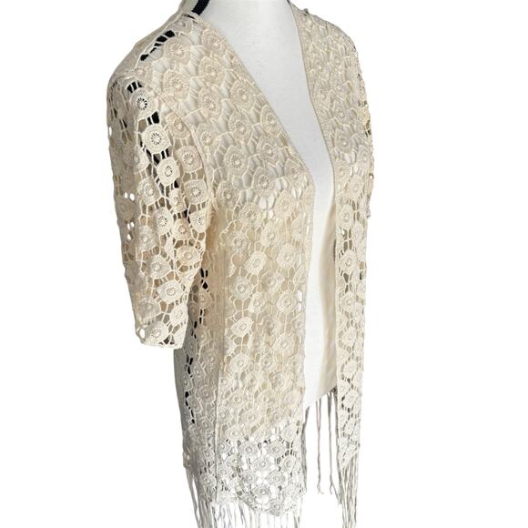 Crochet Lace Open Front Cardigan Kimono Fringe Overcoat Small Cream Western Boho - Picture 3 of 9